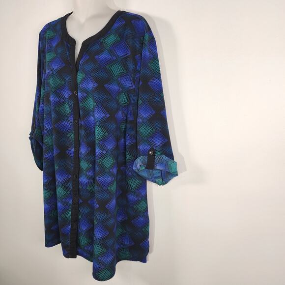 Catherines Button Tunic Top Size 2X Black Blue Green Geometric Roll Tab Sleeve - Picture 5 of 7